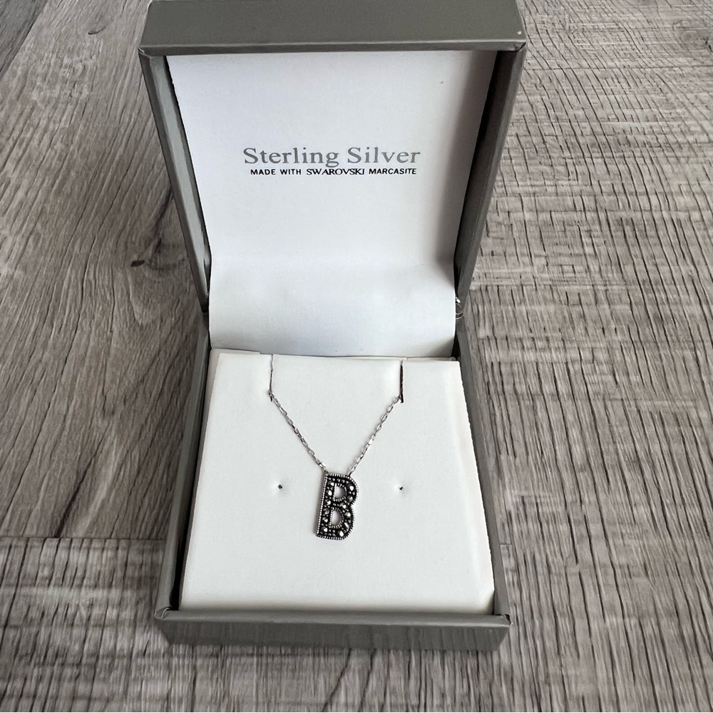 Sterling Silver 'B' Pendant Necklace with Swarovski Marcasite
